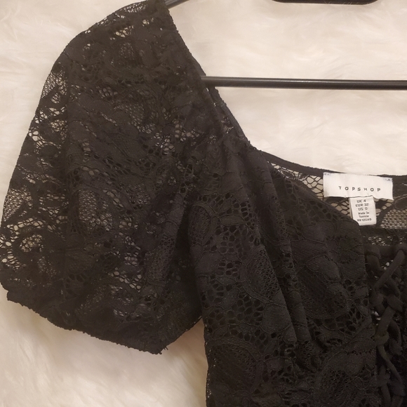 TOPSHOP Black Lace Tie Puff Sleeve Crop Top - Size XXS, 00, 0 - Picture 4 of 9